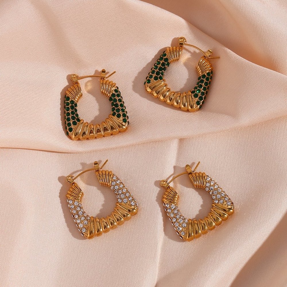 Zircon Chunky Square 18K Gold Plated Hoop Earrings Stainless Steel - Picture 13 of 13
